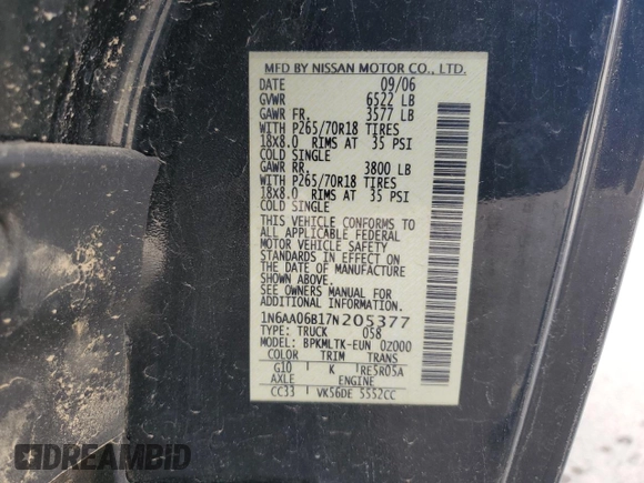 2007 Nissan Titan XE z VIN 1N6AA06B17N205377, wystawiony jako Copart lot #50738625 z przebiegiem 191 068 mil mil oraz Szkoda całkowita • Salvage title. Historia ofert i sprzedaży dostępna na DreamBid. Obrazek 12.