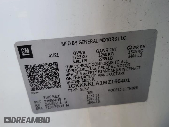 2021 GMC Acadia SLE with VIN 1GKKNKLA1MZ166401, listed as a Copart auction lot 42121285 with 53,959 mi miles and Salvage Title. Bid and sale history available at DreamBid. Image 13.