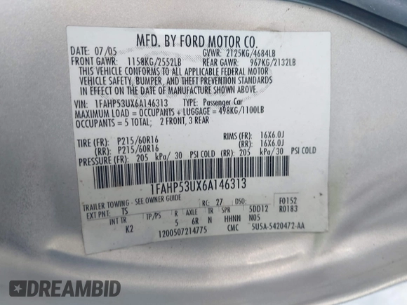 2006 Ford Taurus SE Standard with VIN 1FAHP53UX6A146313, listed as a IAAI auction lot 42196551 with 152,278 mi miles and . Bid and sale history available at DreamBid. Image 9.