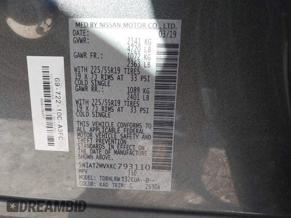 2019 Nissan Rogue SV with VIN 5N1AT2MVXKC793110, listed as a IAAI auction lot 41799912 with 80,745 mi miles. Bid and sale history available at carsss.com. Image 9.