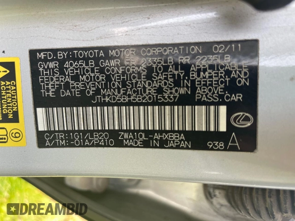 2011 Lexus CT 200h with VIN JTHKD5BH5B2015337, listed as a Copart auction lot 59417405 with 166,867 mi miles and Clean title. Bid and sale history available at DreamBid. Image 10.