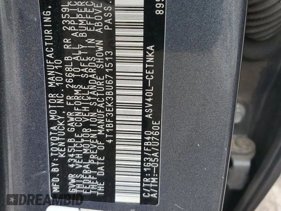 2011 Toyota Camry LE z VIN 4T1BF3EK3BU671513, wystawiony jako Copart lot #58501305 z przebiegiem Nie podano mil oraz Nie do naprawy • Non repairable. Historia ofert i sprzedaży dostępna na DreamBid. Obrazek 12.