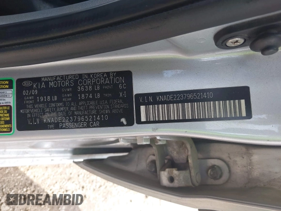 2009 Kia Rio LX with VIN KNADE223796521410, listed as a IAAI auction lot 41887883 with 82,360 mi miles and . Bid and sale history available at DreamBid. Image 9.