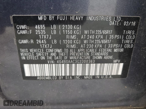 2016 Subaru Outback 2.5i with VIN 4S4BSAAC3G3300363, listed as a Copart auction lot 54245865 with 163,935 mi miles and Salvage title. Bid and sale history available at DreamBid. Image 12.