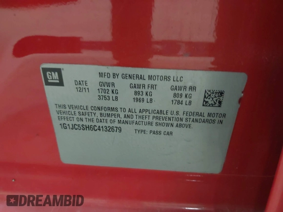 2012 Chevrolet Sonic LT with VIN 1G1JC5SH6C4132679, listed as a IAAI auction lot 42652694 with 121,238 mi miles and . Bid and sale history available at DreamBid. Image 9.