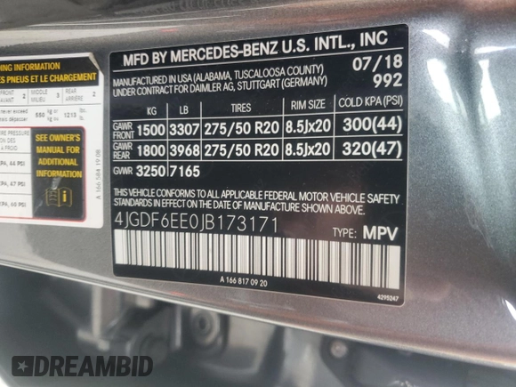 2018 Mercedes-Benz GLS 450 with VIN 4JGDF6EE0JB173171, listed as a Copart auction lot 42110844 with 80,119 mi miles and . Bid and sale history available at DreamBid. Image 15.
