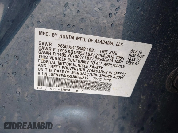 2018 Honda Pilot EX-L with VIN 5FNYF6H53JB006219, listed as a IAAI auction lot 42469399 with 134,214 mi miles and . Bid and sale history available at DreamBid. Image 9.