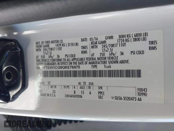 2016 Ford F-150 XL with VIN 1FTEW1CG9GKE76975, listed as a IAAI auction lot 41341159 with 126,256 mi miles and . Bid and sale history available at carsss.com. Image 9.