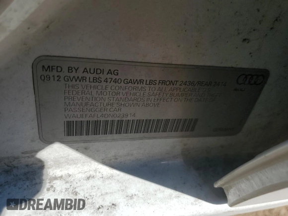 2013 Audi A4 Premium Plus z VIN WAUEFAFL4DN023914, wystawiony jako Copart lot #47769035 z przebiegiem 138 352 mil mil oraz Szkoda całkowita • Salvage title. Historia ofert i sprzedaży dostępna na DreamBid. Obrazek 12.