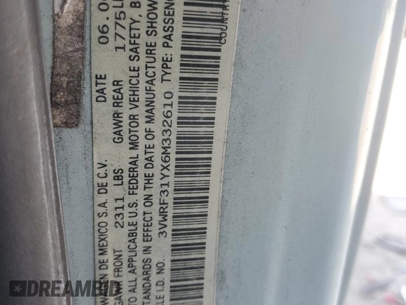 2006 Volkswagen Beetle z VIN 3VWRF31YX6M332610, wystawiony jako Copart lot #51357565 z przebiegiem 163 314 mil mil oraz Szkoda całkowita • Salvage title. Historia ofert i sprzedaży dostępna na DreamBid. Obrazek 12.