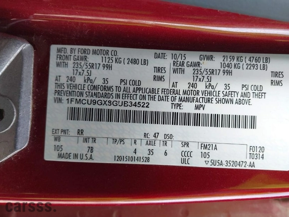 2016 Ford Escape SE with VIN 1FMCU9GX8GUB34522, listed as a IAAI auction lot 41888507 with NaN miles. Bid and sale history available at carsss.com. Image 9.