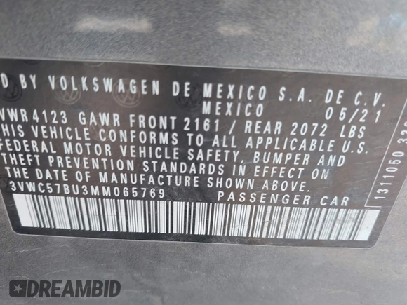 2021 Volkswagen Jetta S with VIN 3VWC57BU3MM065769, listed as a IAAI auction lot 42286921 with 59,128 mi miles and . Bid and sale history available at DreamBid. Image 9.
