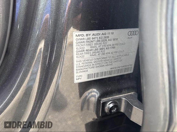 2019 Audi Q8 Premium Plus with VIN WA1EVAF10KD015763, listed as a IAAI auction lot 41925195 with 134,540 mi miles. Bid and sale history available at carsss.com. Image 9.