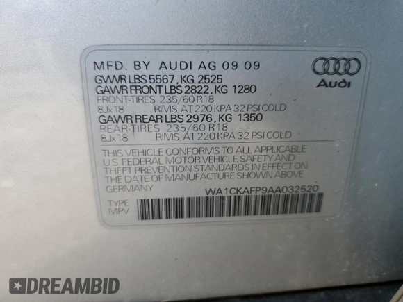 2010 Audi Q5 Premium with VIN WA1CKAFP9AA032520, listed as a Copart auction lot 81953444 with 158,713 mi miles and Clean Title. Bid and sale history available at carsss.com. Image 13.