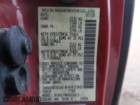 2010 Nissan Frontier SE с VIN 1N6AD0CU1AC444590, выставлен на аукционе Copart как лот 87956595 с пробегом 109 187 миль миль и Списание • Salvage title. История ставок и продаж доступна на DreamBid. Изображение 12.