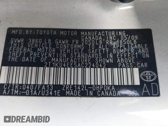 2010 Toyota Matrix with VIN 2T1KU4EE5AC224042, listed as a IAAI auction lot 41515371 with 1 mi miles. Bid and sale history available at carsss.com. Image 9.