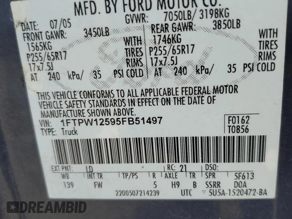 2005 Ford F-150 XLT z VIN 1FTPW12595FB51497, wystawiony jako Copart lot #61016115 z przebiegiem Nie podano mil oraz Szkoda całkowita • Salvage title. Historia ofert i sprzedaży dostępna na DreamBid. Obrazek 12.