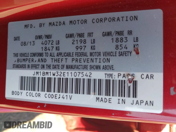 2014 Mazda 3 S Grand Touring with VIN JM1BM1W32E1107542, listed as a IAAI auction lot 42070484 with 132,395 mi miles and . Bid and sale history available at DreamBid. Image 9.