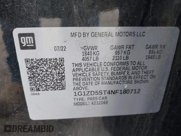 2022 Chevrolet Malibu LT with VIN 1G1ZD5ST4NF180712, listed as a IAAI auction lot 40837517 with 59,147 mi miles and . Bid and sale history available at DreamBid. Image 9.