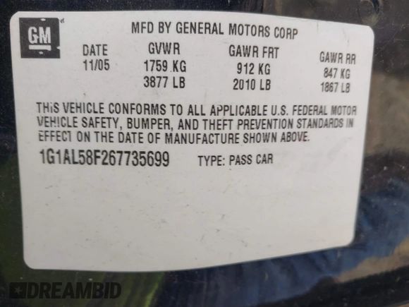 2006 Chevrolet Cobalt LT with VIN 1G1AL58F267735699, listed as a IAAI auction lot 41853600 with 162,000 mi miles and . Bid and sale history available at DreamBid. Image 9.