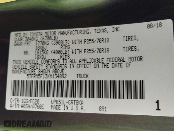 2019 Toyota Tundra SR with VIN 5TFRM5F13KX134892, listed as a IAAI auction lot 42354219 with 47,543 mi miles and . Bid and sale history available at DreamBid. Image 9.