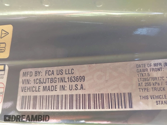 2022 Jeep Gladiator Rubicon z VIN 1C6JJTBG1NL163699, wystawiony jako IAAI lot #41014300 z przebiegiem Nie podano mil oraz . Historia ofert i sprzedaży dostępna na DreamBid. Obrazek 9.