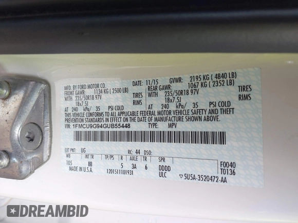 2016 Ford Escape SE with VIN 1FMCU9G94GUB55448, listed as a IAAI auction lot 41854864 with 153,457 mi miles. Bid and sale history available at carsss.com. Image 9.