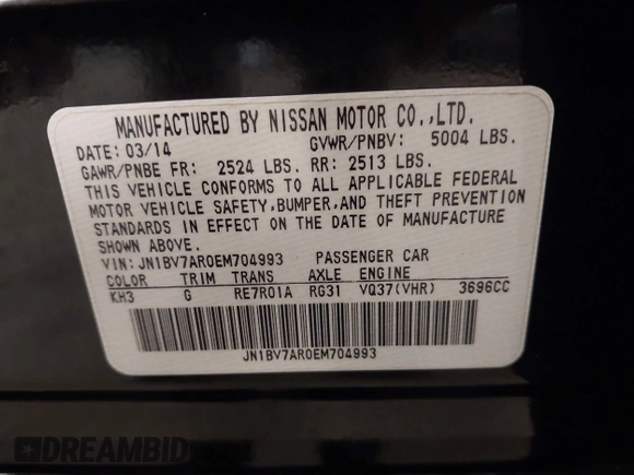 2014 Infiniti Q50 Sport with VIN JN1BV7AR0EM704993, listed as a IAAI auction lot 42492764 with 64,811 mi miles and . Bid and sale history available at DreamBid. Image 9.