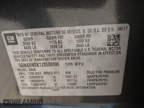 2018 Chevrolet Equinox Premier with VIN 3GNAXNEX7JS508096, listed as a IAAI auction lot 40656660 with 136,312 mi miles. Bid and sale history available at carsss.com. Image 9.
