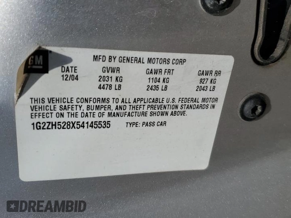 2005 Pontiac G6 GT with VIN 1G2ZH528X54145535, listed as a Copart auction lot 60499995 with 197,731 mi miles and Salvage title. Bid and sale history available at DreamBid. Image 12.