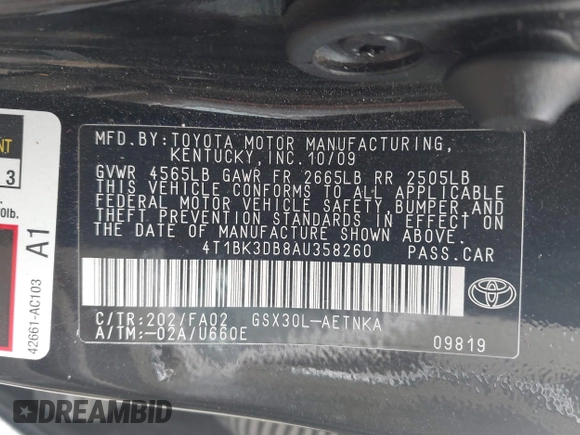 2010 Toyota Avalon XL with VIN 4T1BK3DB8AU358260, listed as a IAAI auction lot 41942640 with 230,584 mi miles and . Bid and sale history available at carsss.com. Image 9.