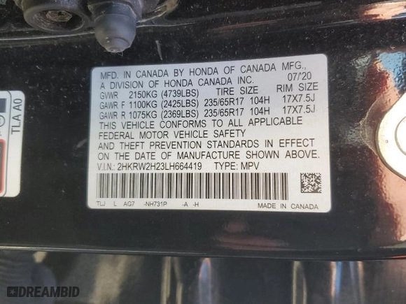 2020 Honda CR-V LX with VIN 2HKRW2H23LH664419, listed as a Copart auction lot 49890855 with 98,466 mi miles and Salvage Title. Bid and sale history available at carsss.com. Image 13.