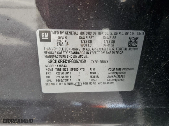 2015 Chevrolet Silverado 1500 LT with VIN 3GCUKREC1FG367450, listed as a Copart auction lot 49612615 with 94,591 mi miles and Salvage Title. Bid and sale history available at carsss.com. Image 14.