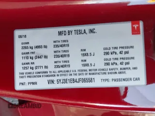 2018 Tesla Model 3 Long Range Battery with VIN 5YJ3E1EB4JF065581, listed as a IAAI auction lot 41542190 with 4,154 mi miles and . Bid and sale history available at DreamBid. Image 9.