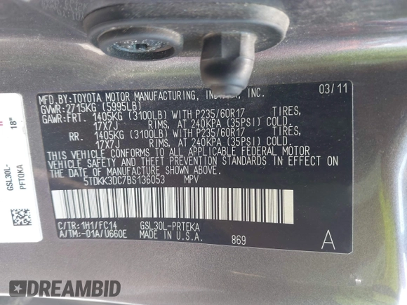 2011 Toyota Sienna LE AAS with VIN 5TDKK3DC7BS136053, listed as a IAAI auction lot 42469966 with 226,907 mi miles and . Bid and sale history available at DreamBid. Image 9.