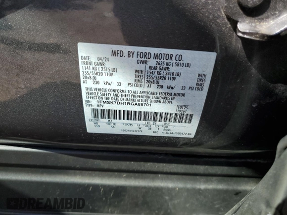 2024 Ford Explorer XLT with VIN 1FMSK7DH1RGA88701, listed as a Copart auction lot 51088365 with 10,282 mi miles and Salvage Title. Bid and sale history available at DreamBid. Image 14.