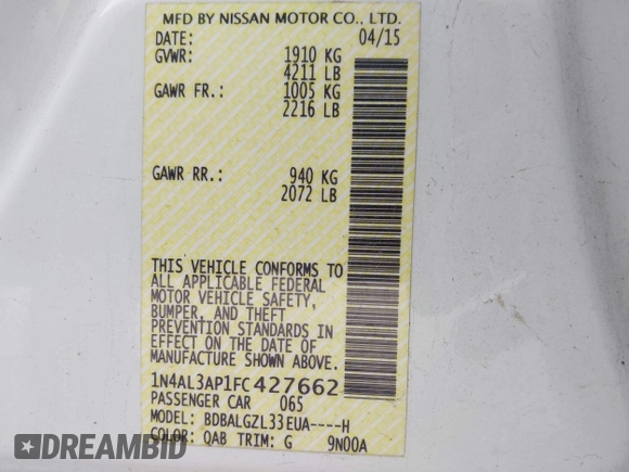2015 Nissan Altima 2.5 S with VIN 1N4AL3AP1FC427662, listed as a IAAI auction lot 42183863 with 106,147 mi miles. Bid and sale history available at carsss.com. Image 9.