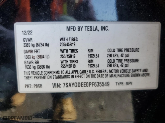 2023 Tesla Model Y Long Range with VIN 7SAYGDEE0PF635549, listed as a Copart auction lot 48263145 with 18,449 mi miles and Salvage Title. Bid and sale history available at carsss.com. Image 14.