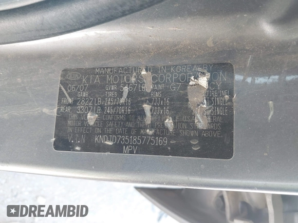 2008 Kia Sorento LX with VIN KNDJD735185775169, listed as a IAAI auction lot 41848588 with 180,600 mi miles and . Bid and sale history available at DreamBid. Image 9.