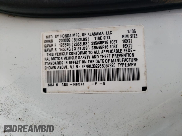 2006 Honda Odyssey LX with VIN 5FNRL38226B057820, listed as a Copart auction lot 48018655 with 233,755 mi miles and Salvage Title. Bid and sale history available at carsss.com. Image 15.