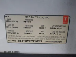 2018 Tesla Model S 75D with VIN 5YJSA1E22JF246928, listed as a IAAI auction lot 41869364 with 100,067 mi miles and . Bid and sale history available at DreamBid. Image 9.