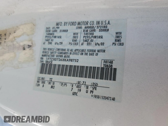 1999 Ford F-150 XL with VIN 1FTZX0726XKA98752, listed as a Copart auction lot 58986695 with Not provided miles and Salvage title. Bid and sale history available at DreamBid. Image 12.