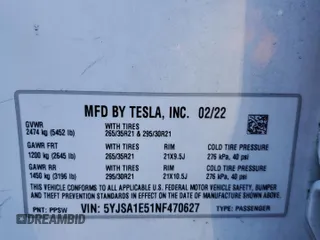 2022 Tesla Model S с VIN 5YJSA1E51NF470627, выставлен на аукционе Copart как лот 48011095 с пробегом Не указан миль и Списание • Salvage title. История ставок и продаж доступна на DreamBid. Изображение 12.