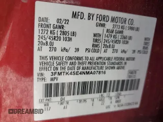 2022 Ford Mustang Mach-E GT z VIN 3FMTK4SE4NMA07816, wystawiony jako Copart lot #61197905 z przebiegiem 49 331 mil mil oraz Nie do naprawy • Non repairable. Historia ofert i sprzedaży dostępna na DreamBid. Obrazek 13.