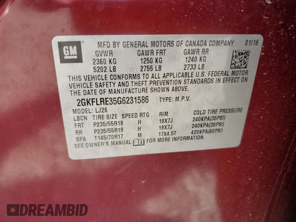 2016 GMC Terrain Denali z VIN 2GKFLRE35G6231586, wystawiony jako Copart lot #58223145 z przebiegiem 44 941 mil mil oraz Szkoda całkowita • Salvage title. Historia ofert i sprzedaży dostępna na DreamBid. Obrazek 13.