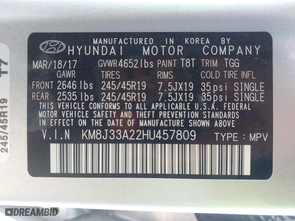 2017 Hyundai Tucson Value with VIN KM8J33A22HU457809, listed as a IAAI auction lot 41632652 with 26,154 mi miles. Bid and sale history available at carsss.com. Image 9.