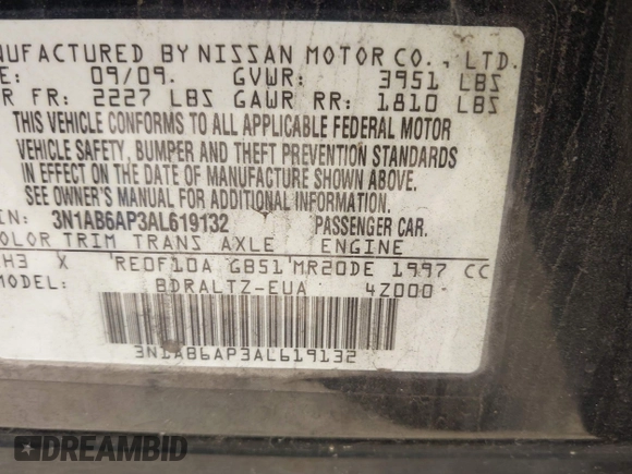 2010 Nissan Sentra S z VIN 3N1AB6AP3AL619132, wystawiony jako IAAI lot #41970019 z przebiegiem 160 636 mil mil oraz . Historia ofert i sprzedaży dostępna na DreamBid. Obrazek 9.