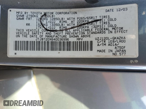 2004 Lexus GX 470 with VIN JTJBT20X640036996, listed as a Copart auction lot 52986205 with 218,217 mi miles and Clean Title. Bid and sale history available at DreamBid. Image 13.