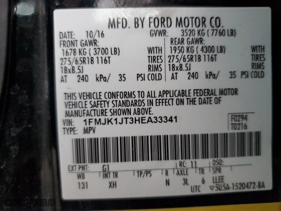 2017 Ford Expedition EL XLT with VIN 1FMJK1JT3HEA33341, listed as a Copart auction lot 47315645 with 187,142 mi miles and Salvage Title. Bid and sale history available at carsss.com. Image 14.