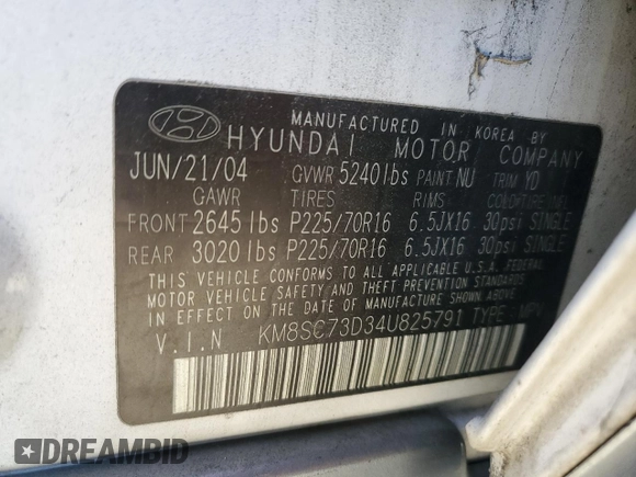 2004 Hyundai Santa Fe GLS with VIN KM8SC73D34U825791, listed as a Copart auction lot 80548534 with 124,080 mi miles and Clean Title. Bid and sale history available at DreamBid. Image 13.